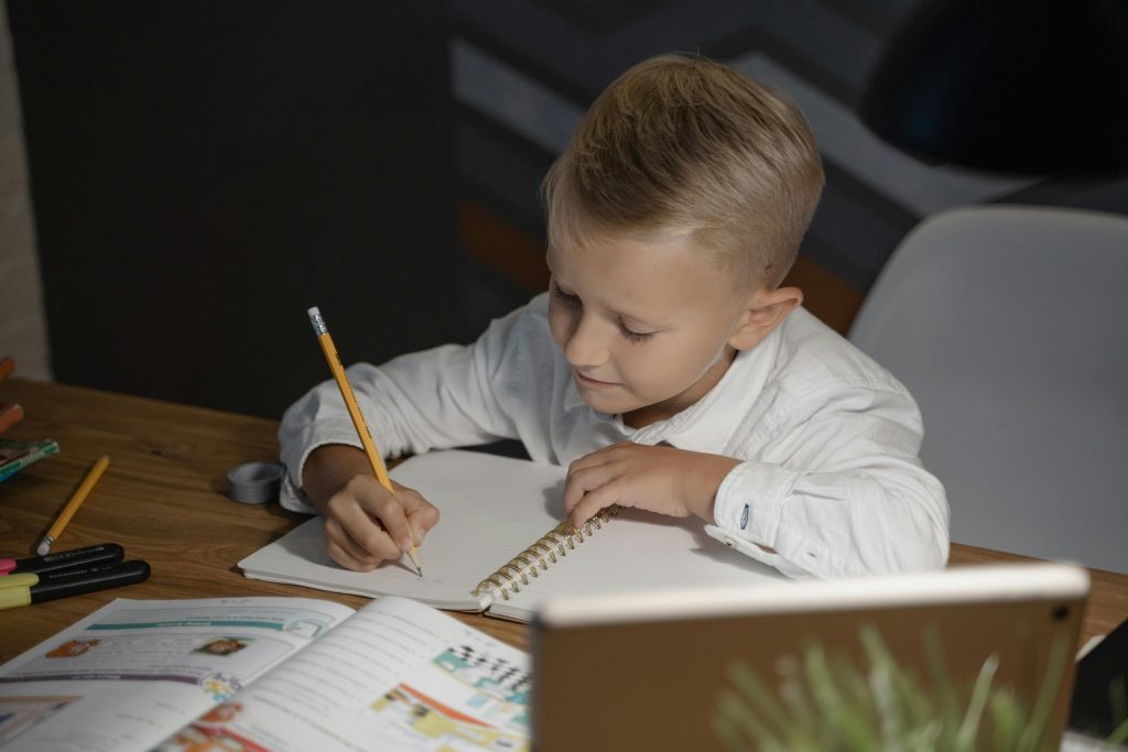A young boy engaged in writing homework at a desk. Perfect for education themes.